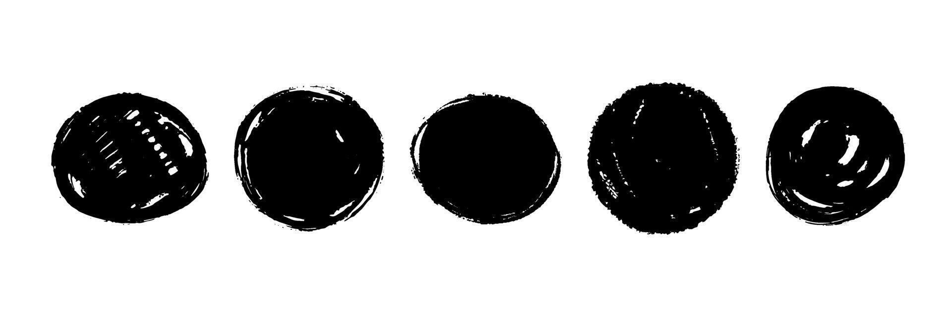 Round dry paint stains set. Black grunge ink circle collection. Textured brush stroke radial element pack. Hand drawn charcoal blobs for frame design, template, poster, banner. Circular spots vector