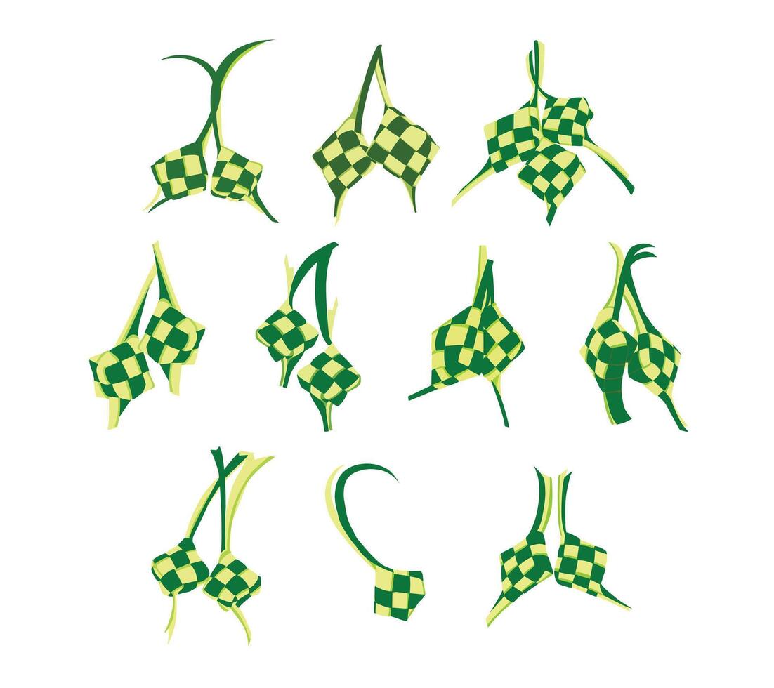 A festive collection of ketupat illustrations, symbolizing Eid Mubarak celebrations. For Islamic holiday cards, festive decorations, social media graphics, and culinary-themed projects vector