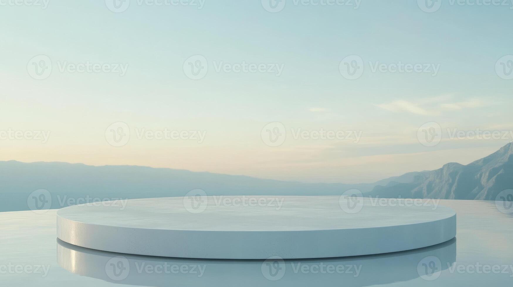 An empty white round table on a rooftop overlooking the mountains photo