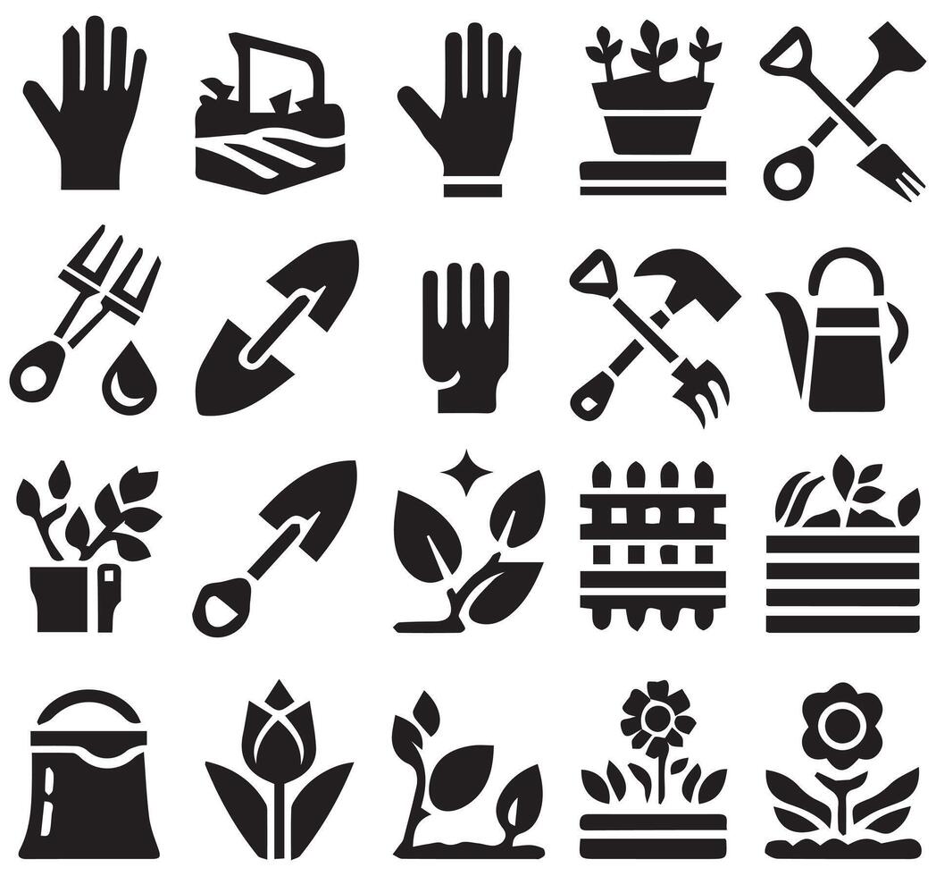 Different Gardening Icons Silhouettes Shovel, Gloves, and Tools on White vector