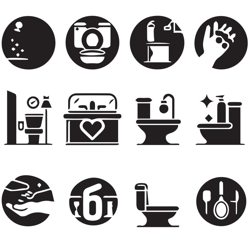 Different Clean Bathroom Icons Silhouette on a White Background vector