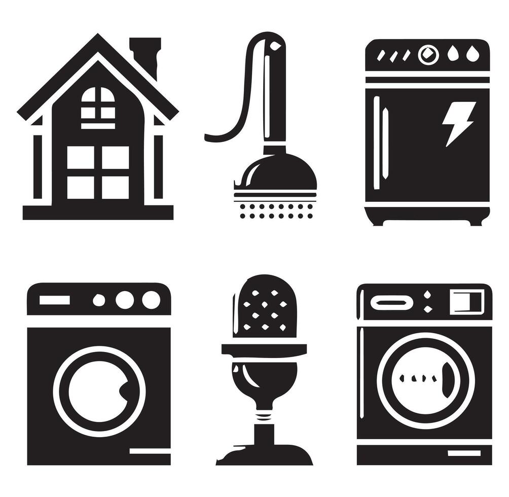Various House Appliances Silhouette on a White Background vector