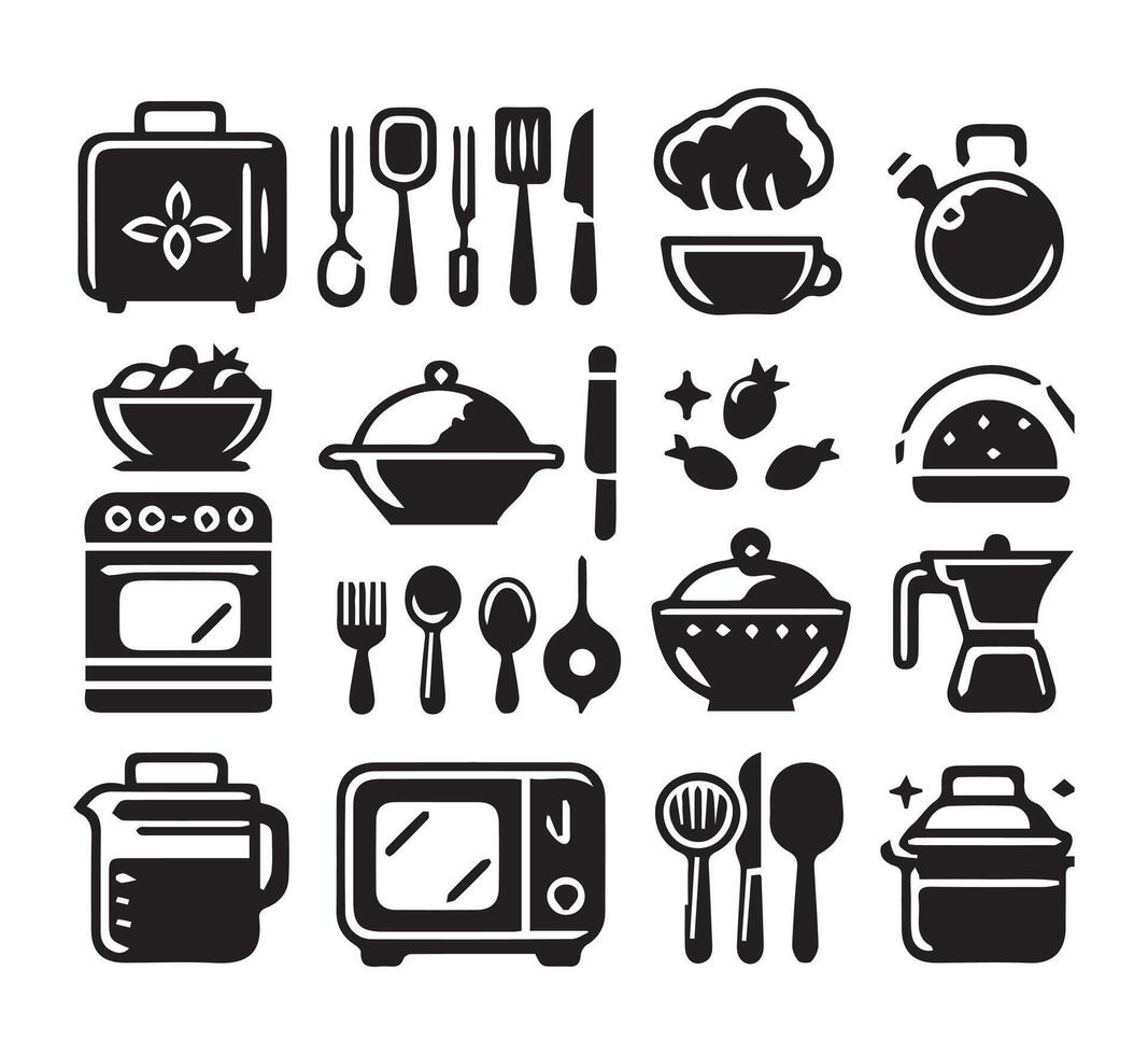 Different type Cooking and Kitchen Elements Silhouette on a White Background vector