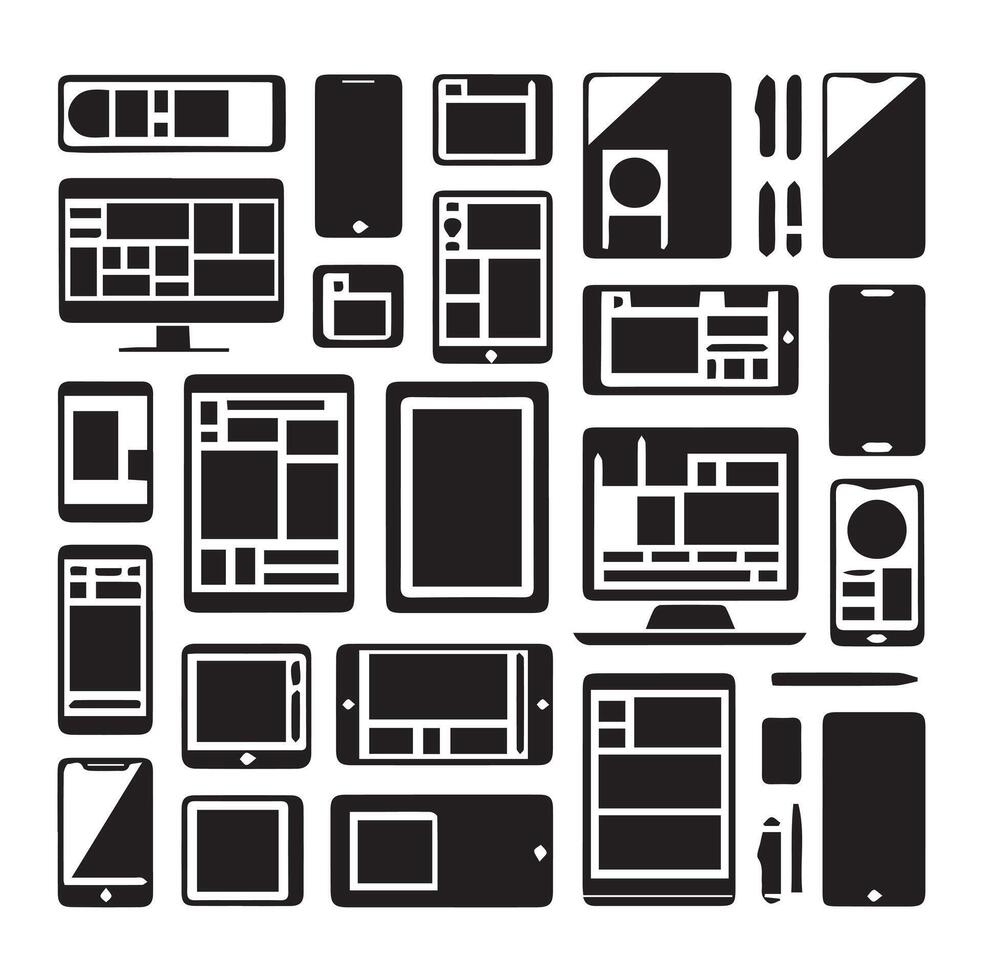 Different Digital Device Interfaces Silhouette on a White Background vector