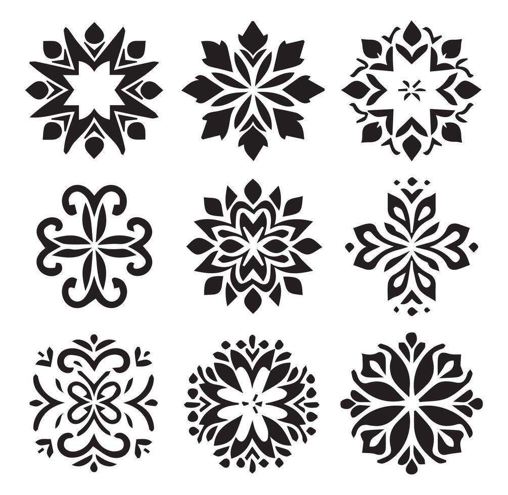 Various Flower Pattern Silhouettes in Black and White Background vector