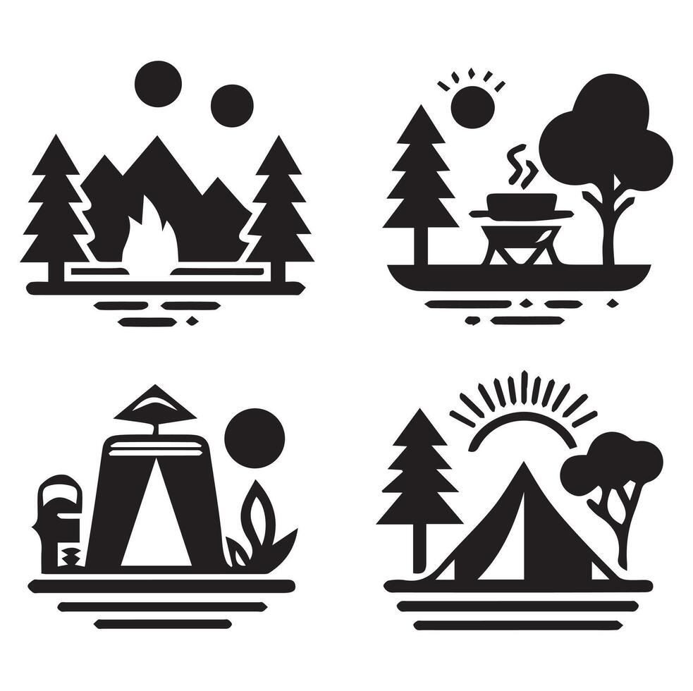 Stylized Tent and Camping Icons in Silhouette on a White Background vector