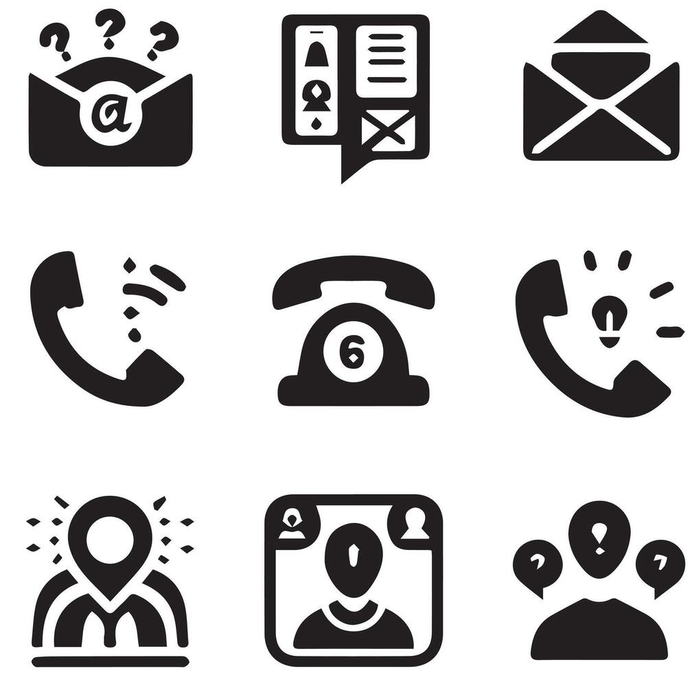 Various Communication Icons Silhouettes Phone, Email, Chat on White Background vector