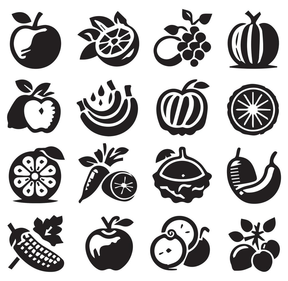 Various Fresh Produce Silhouettes Fruits and Vegetables on White Background vector