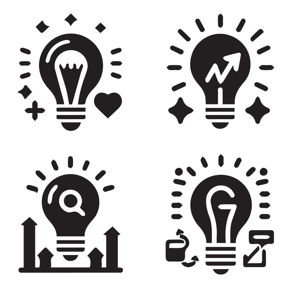 Unique Light Bulb Icon Silhouettes for a Minimalist Design on a White Background vector