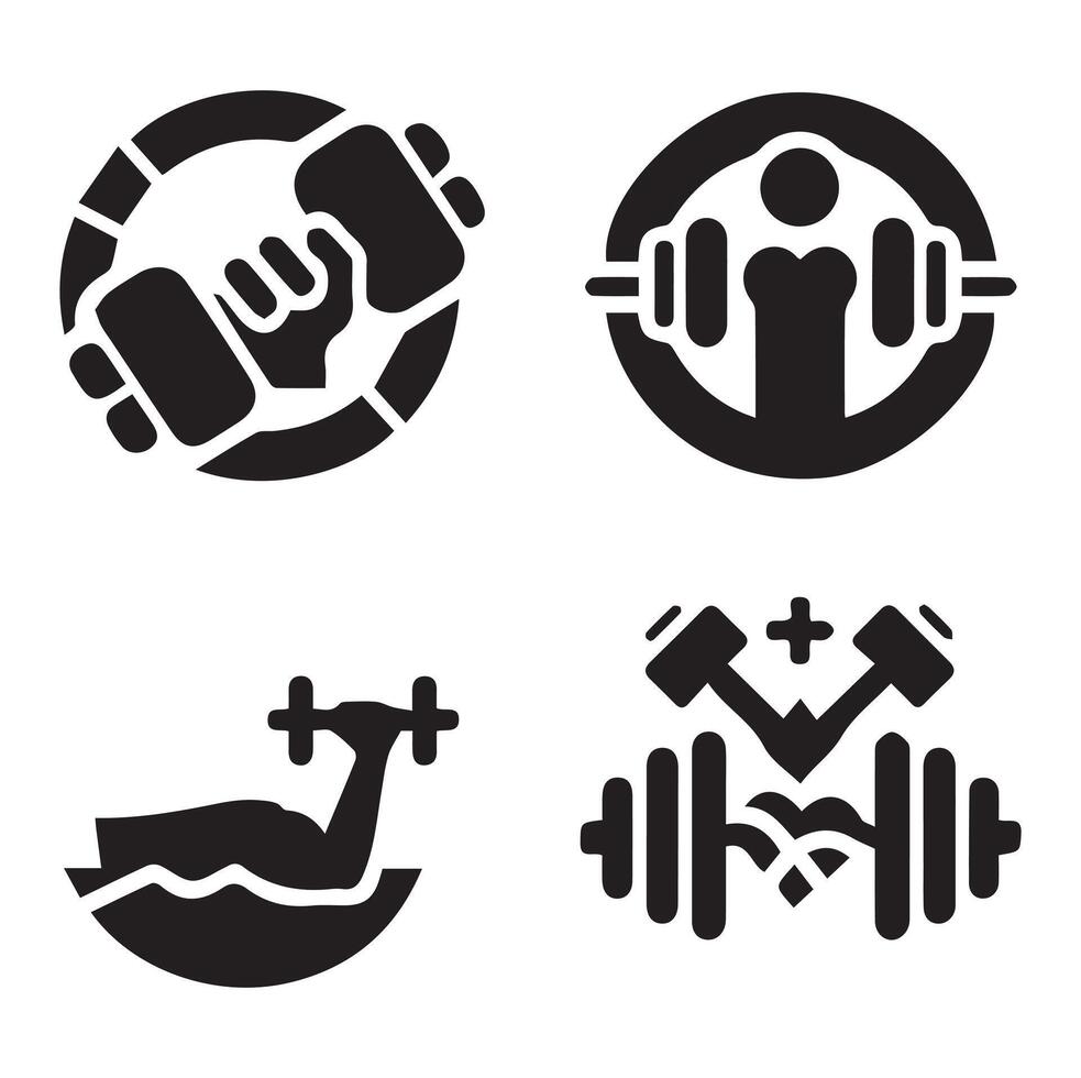 Four Different type Gym and Exercise Icons Silhouette on a White Background vector