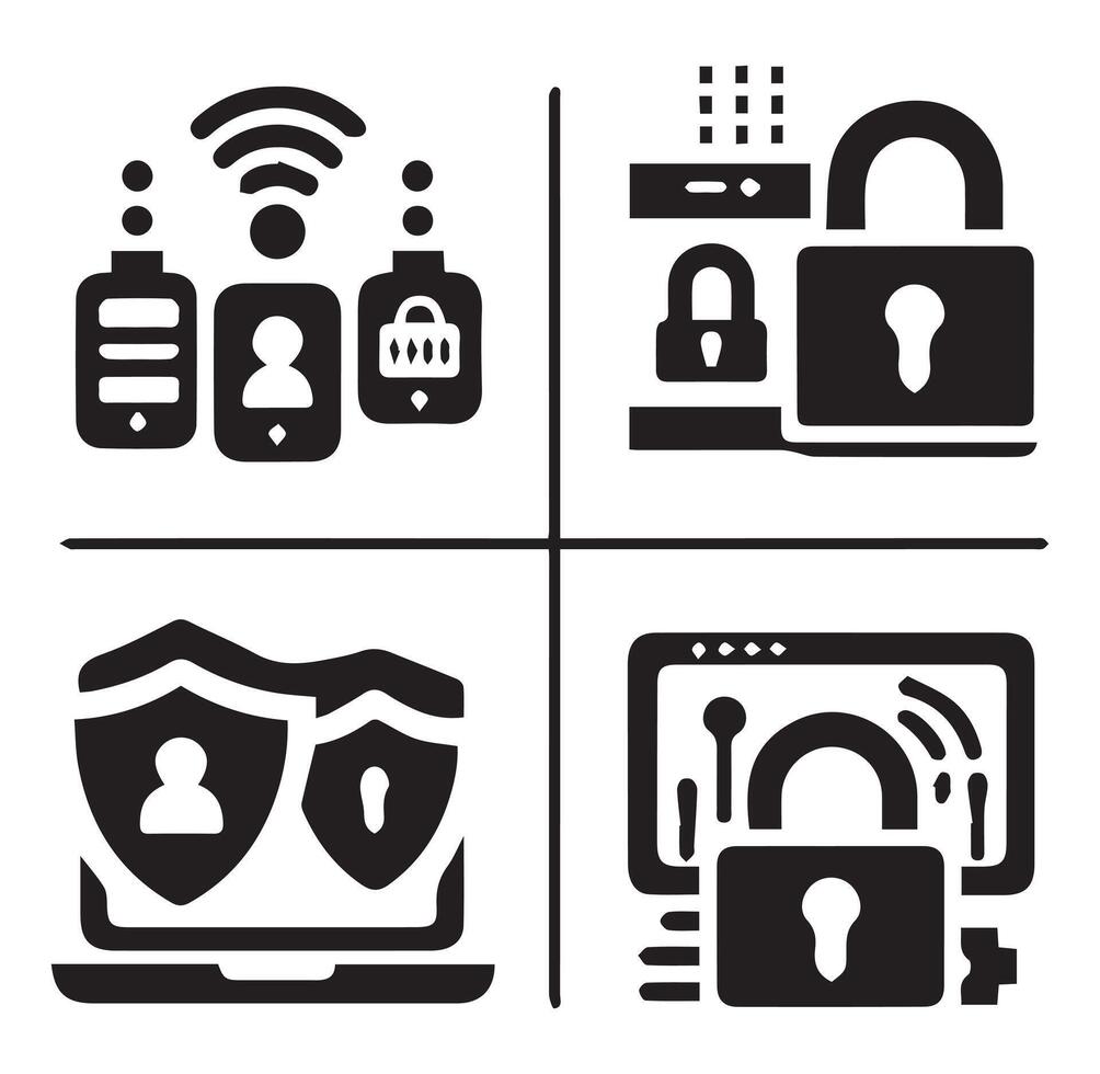 Digital Security and Privacy Icons Different Silhouette on a White Background vector