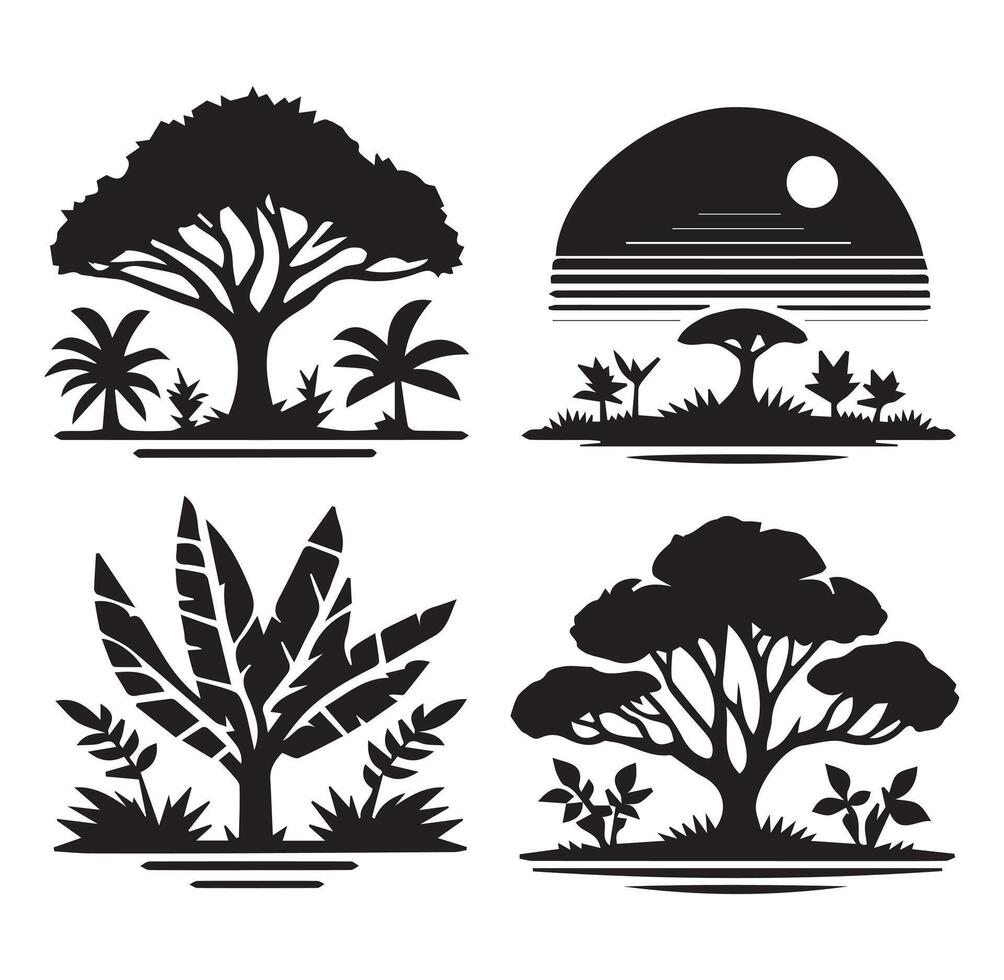 Different 4 Trees and Plants Silhouette on a White Background vector