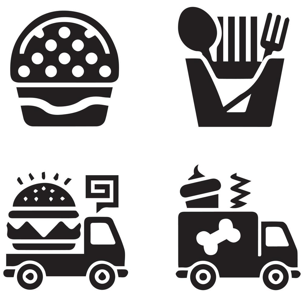 Food Delivery and Takeout Icons Different 4 Silhouette on a White Background vector