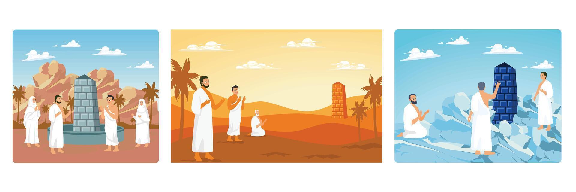 Hajj pilgrims carry out the Hajj rituals, perform wukuf or remain silent on Arafah. vector