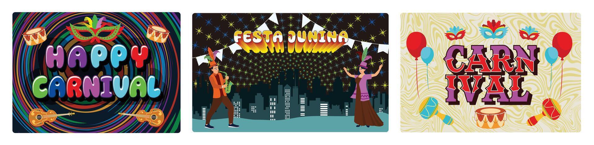 Colorful traditional Brazilian carnival celebration with masks, musical instruments, and dancers. vector