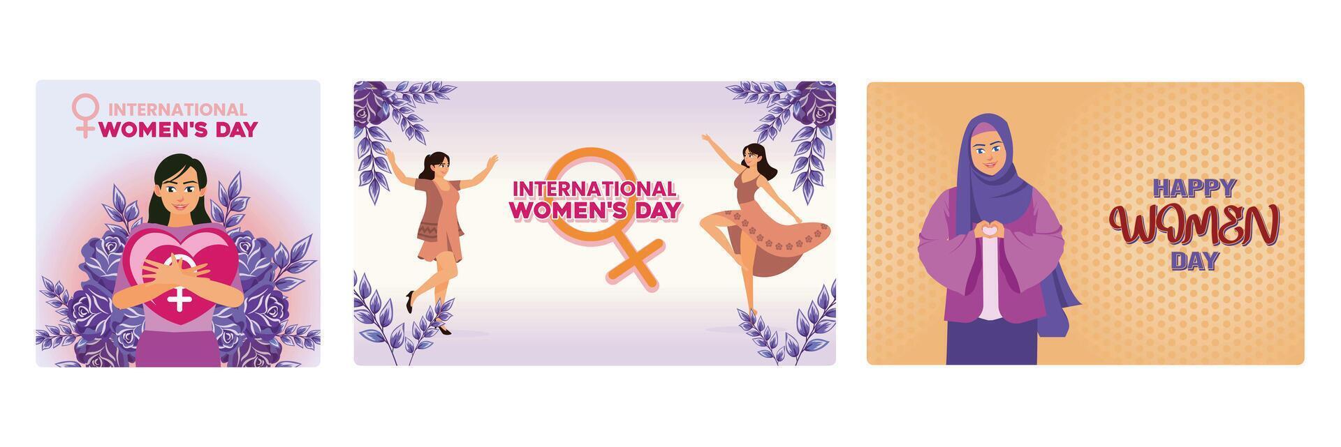 International Women's Day celebrations feature women, the female gender symbol, and the heart shape. vector