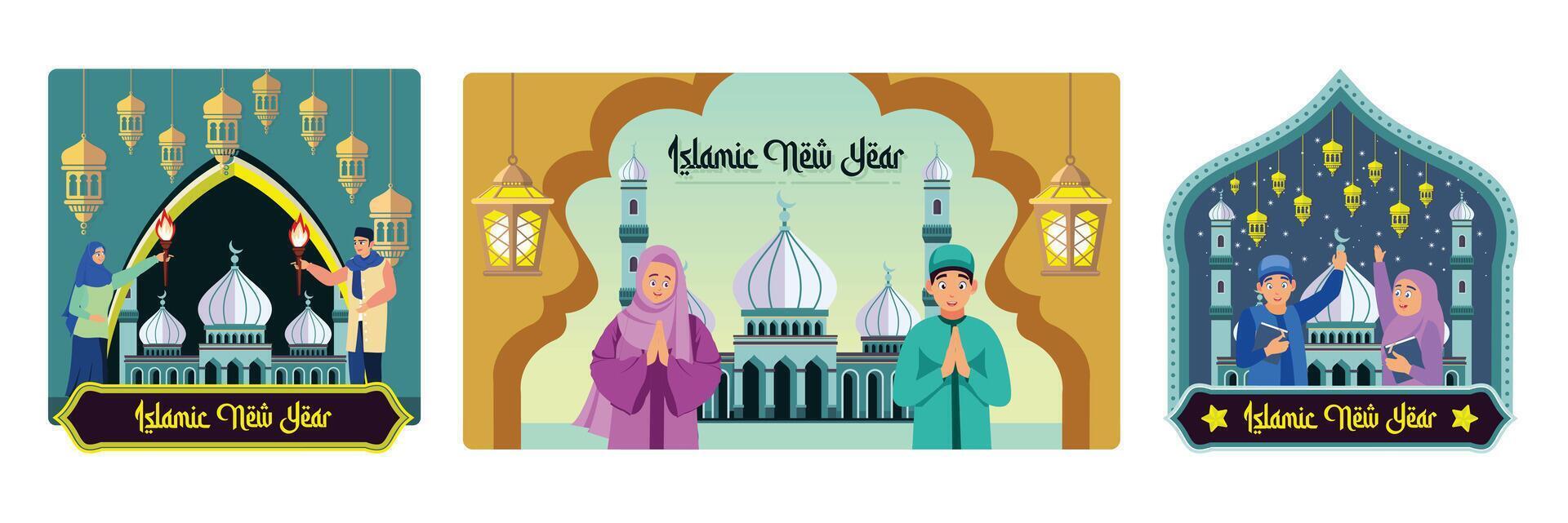 Islamic New Year celebrations feature Muslim people, mosques, and lanterns. vector