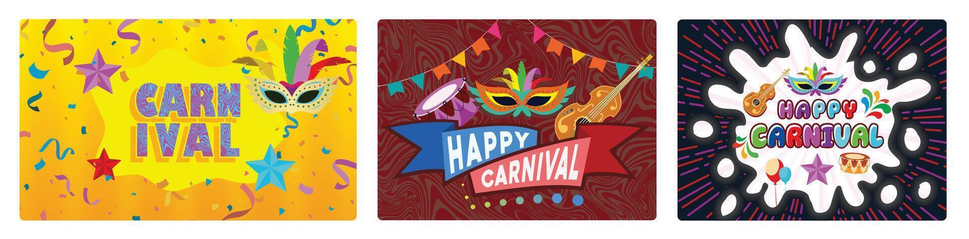 A lively and colorful Carnival party with masks, bunting, guitars, masks, balloons and drums. vector