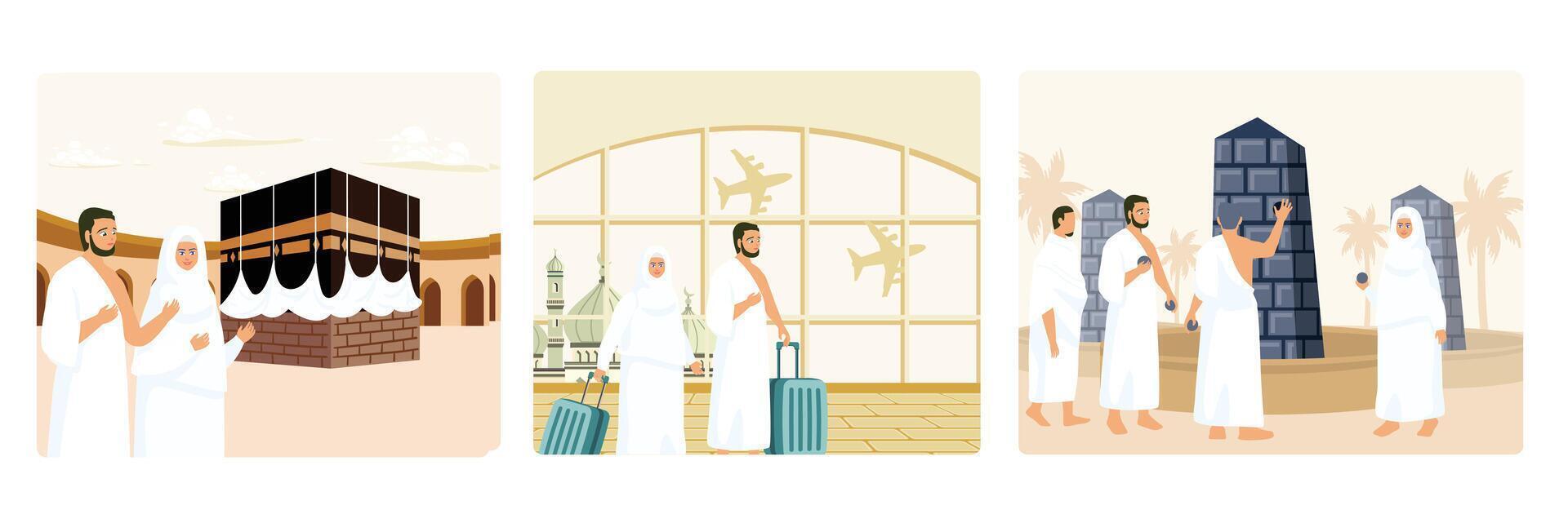Men and women wearing ihram clothes, preparing to go on the Hajj, performing the Hajj pilgrimage. vector