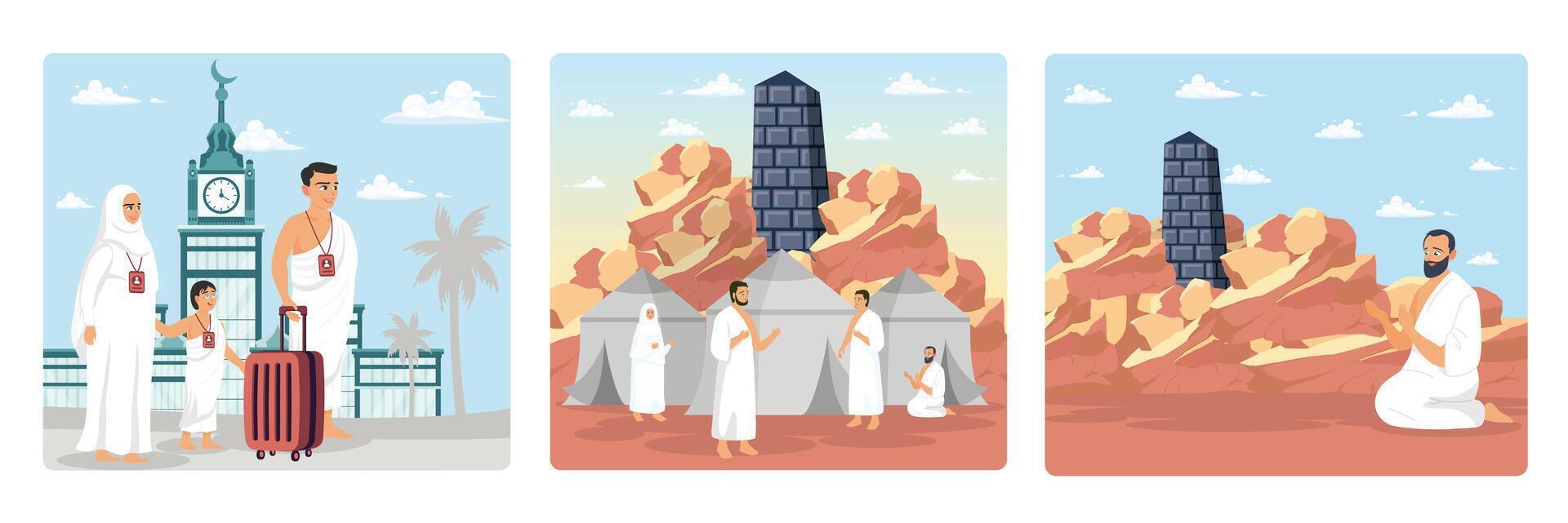 Muslim families perform the Hajj pilgrimage, gather and rest in tents, pray on Mount Arafah. vector