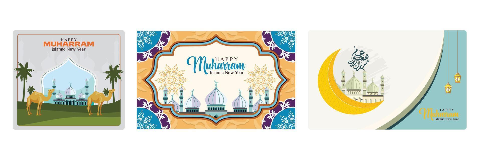 Islamic New Year greeting card designs feature camels, mosques and lanterns. vector