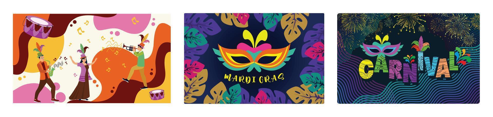 Carnival party with Samba dancers, musical instruments and Mardi Gras masks. vector