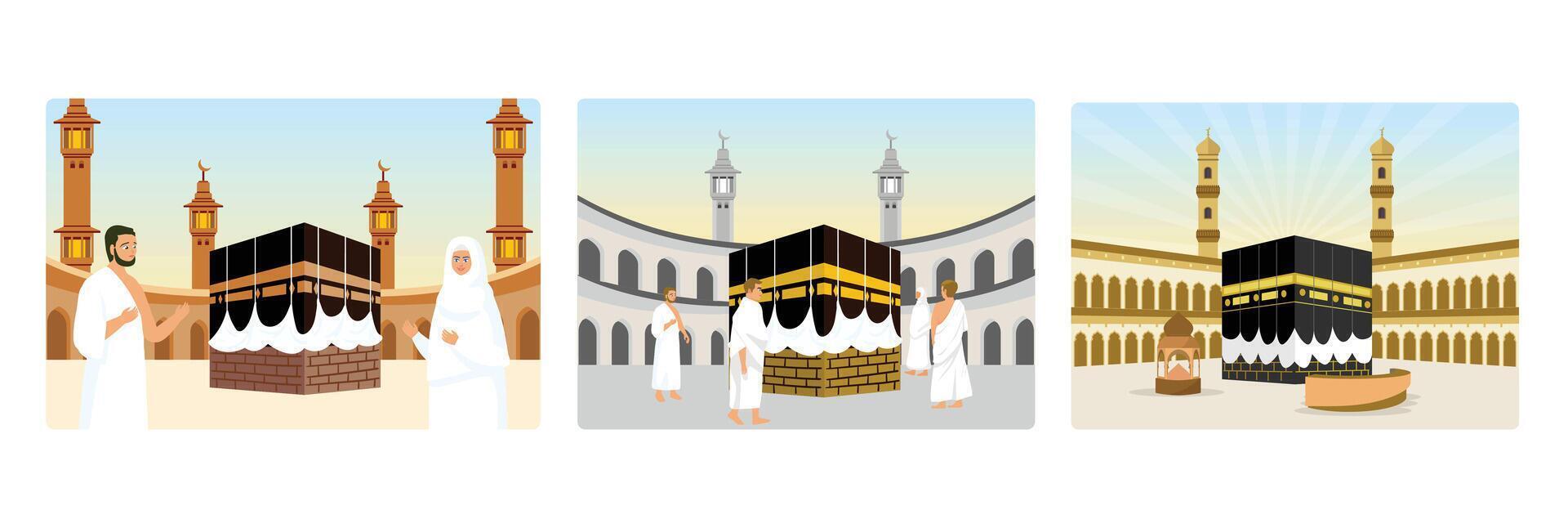 Pilgrims pray in front of the Kaaba and walk around the Kaaba seven times. vector