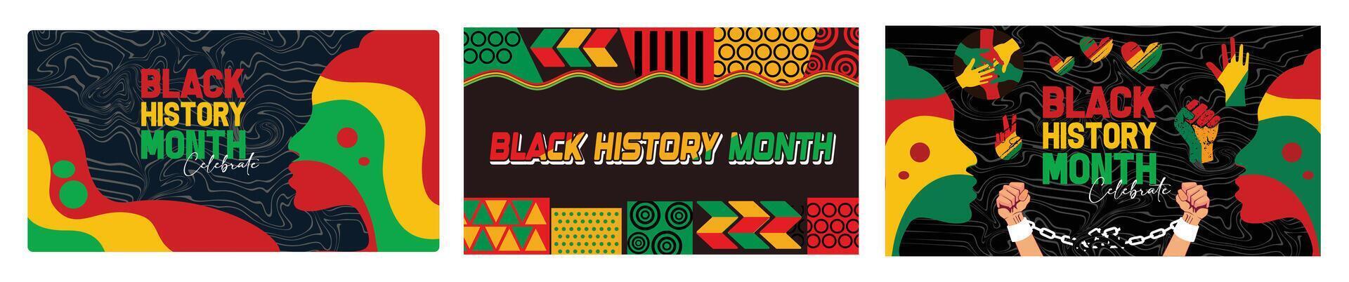 Black History Month banners with geometric designs, patterns, and bright colors. vector