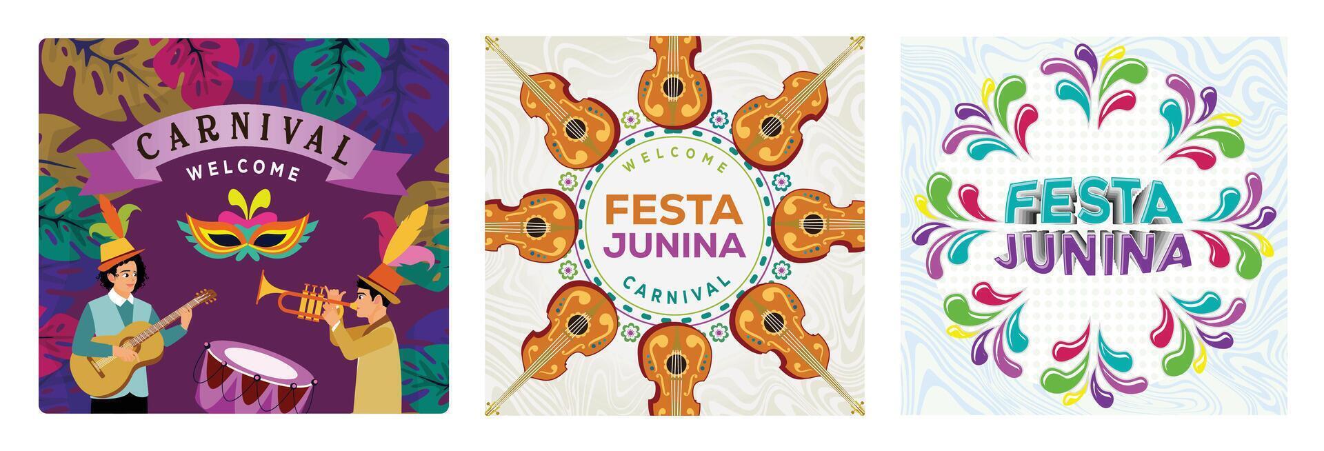 Carnival celebration in Brazil with musicians, feather masks and musical instruments. vector