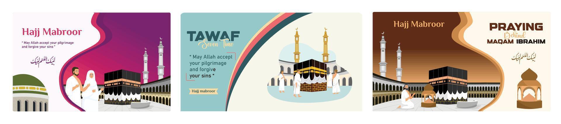 The Hajj banner shows pilgrims praying near the Kaaba, tawaf and the maqam of Ibrahim. vector