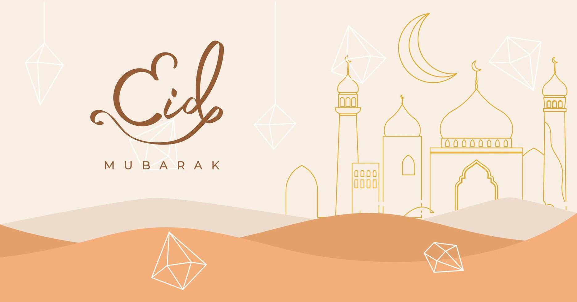 Eid mubarak background design, mosque with moon and diamond vector