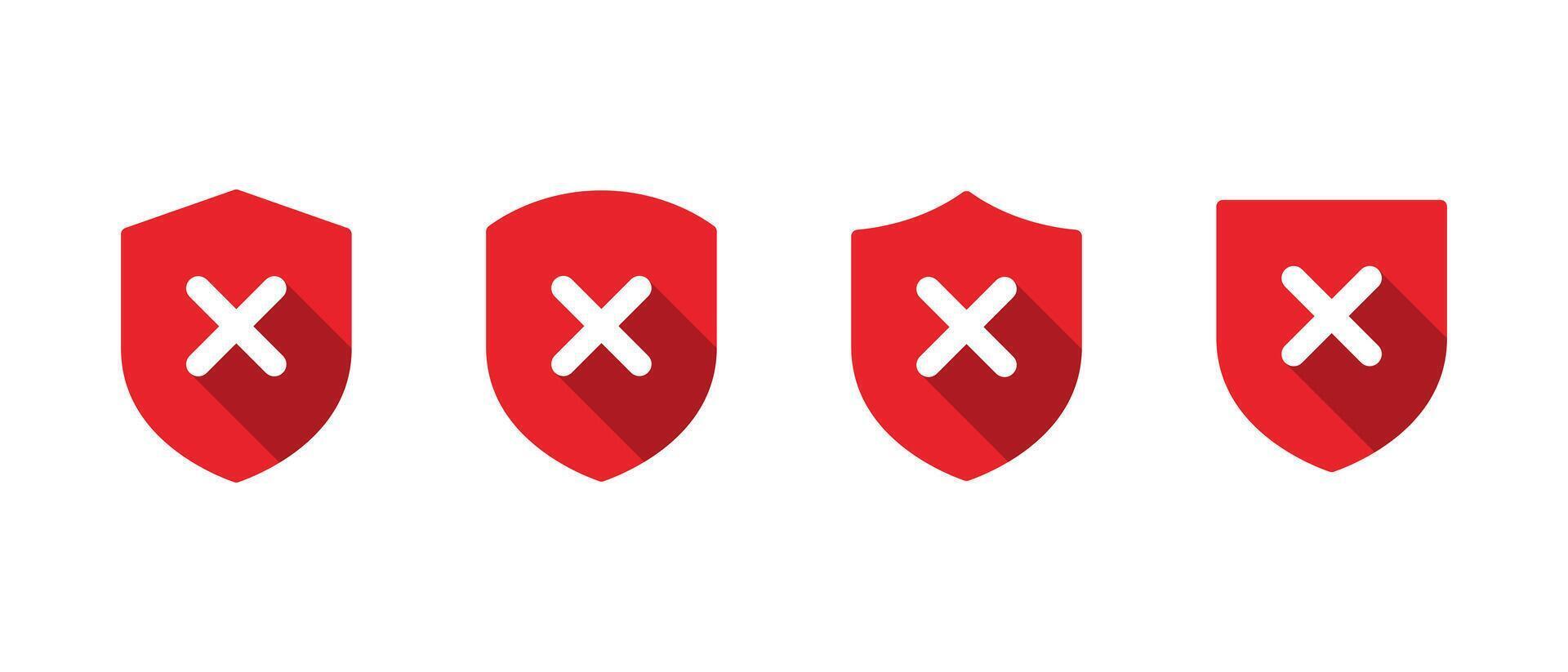 Shield x cross mark icon with long shadow. No defense sign symbol vector