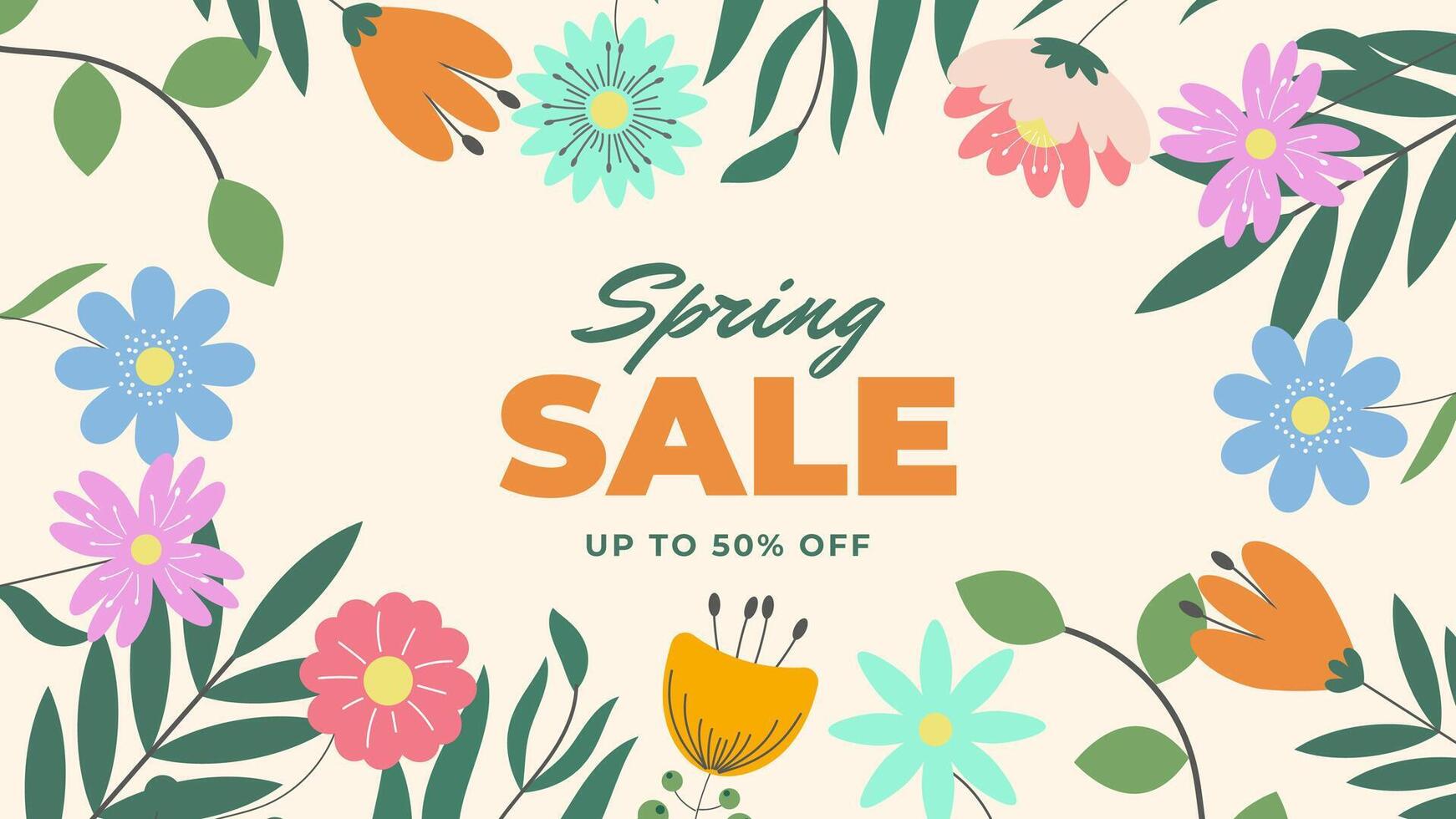 Hello Spring Cute Banner with Hand Drawn Flowers. Spring Season Background with Sale Text Design For Greeting Card, Invitation Template. Modern Lettering Banner Poster Template, Sale. vector