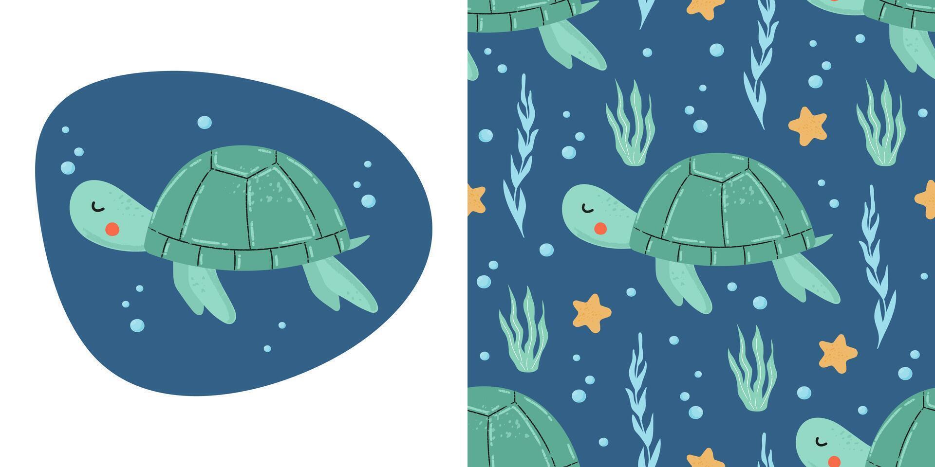 Seamless pattern with cute sea turtle vector
