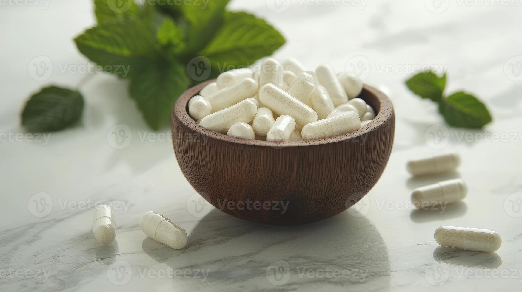 Natural Supplements in Wooden Bowl with Mint Leaves photo