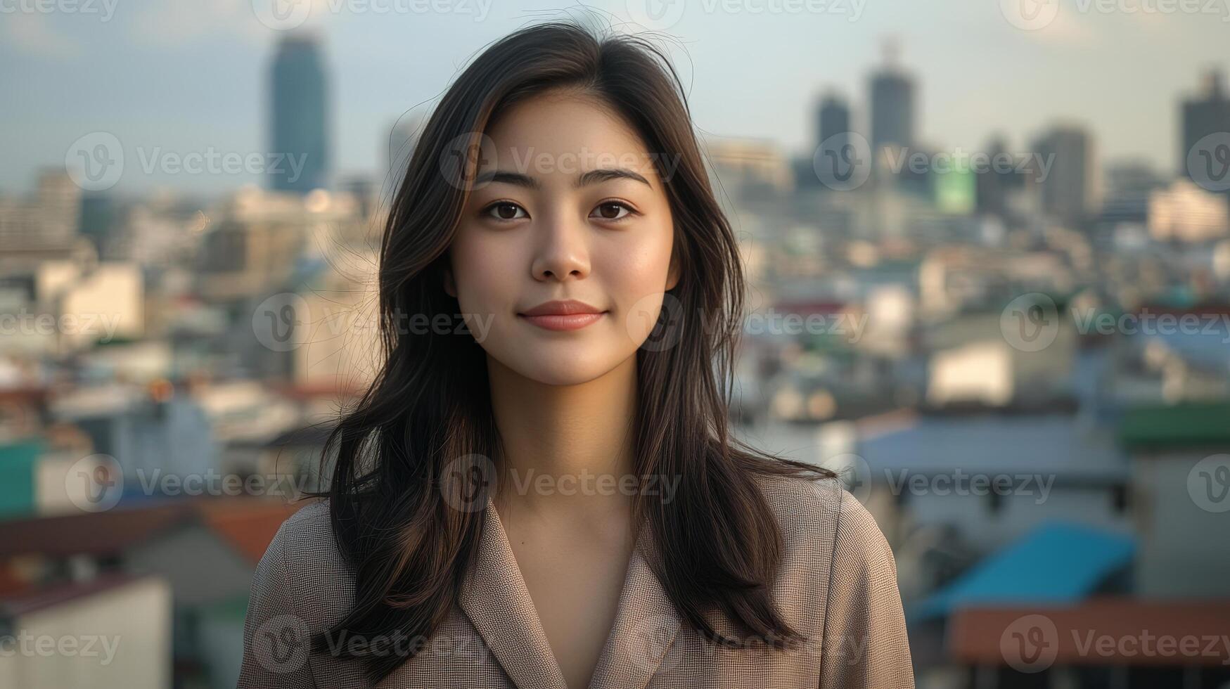 Urban Woman Portrait - Cityscape Background photo