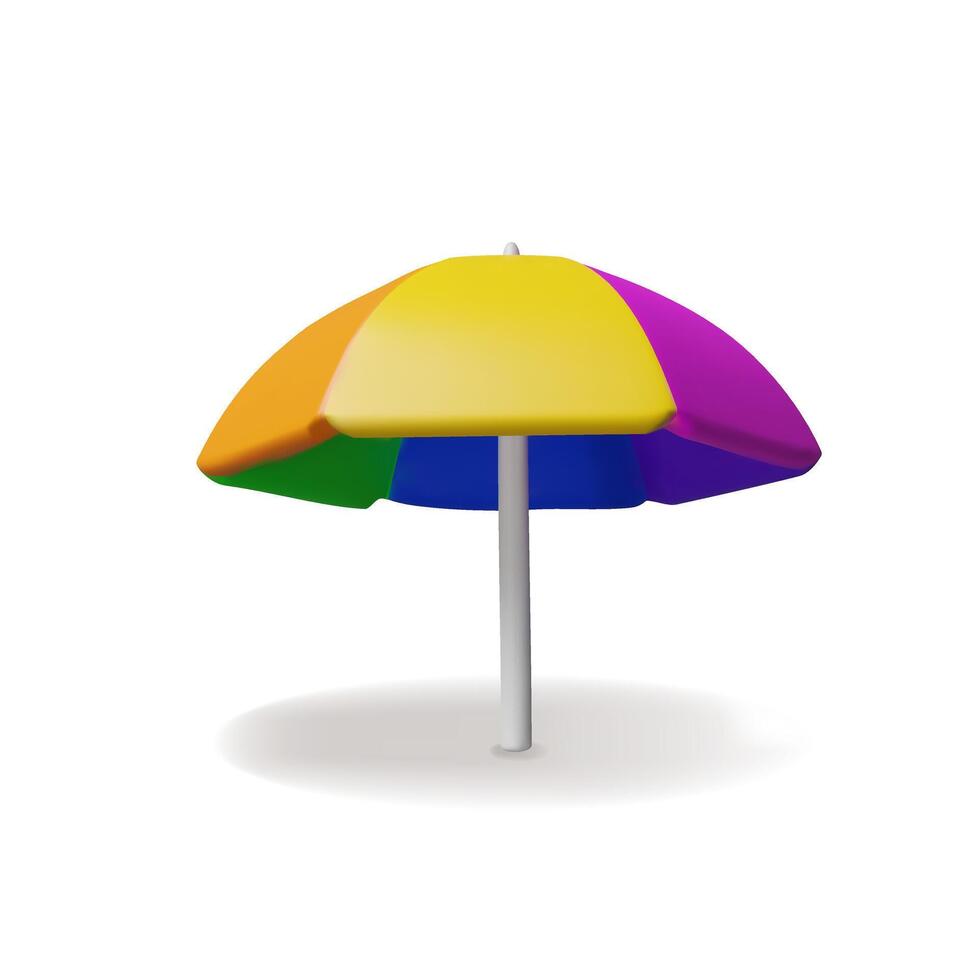 3d beach umbrella. Travel illustration. Three-dimensional sun parasol for summer holiday season. Relax vacation. Sunshade protection on the sand on the sea or ocean. Tropical rest in the shadow vector