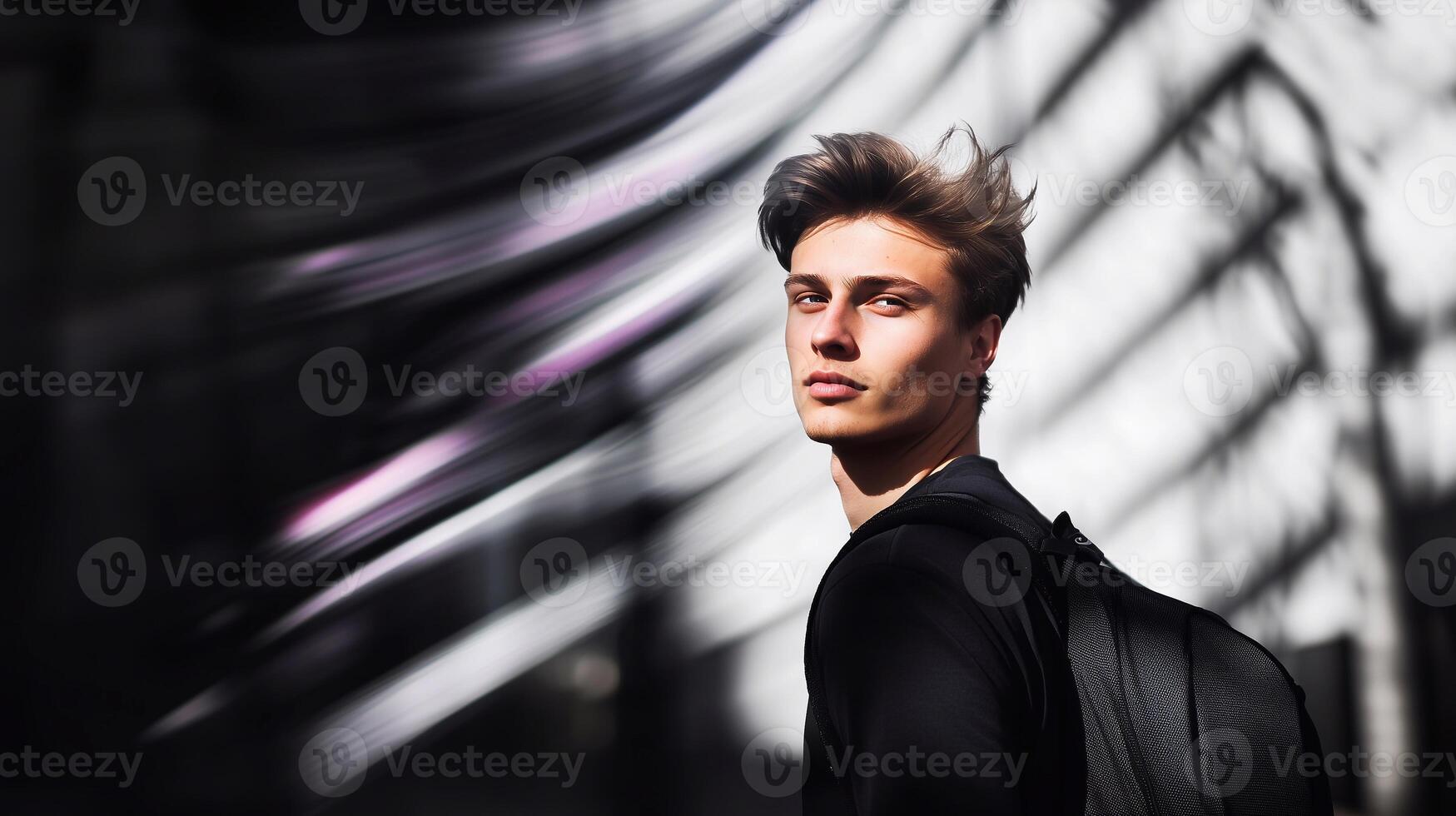 A young man with a backpack walks through an abstract urban space. Light and shadow create a dynamic, surreal effect, enhancing the sense of movement, and introspection in a futuristic setting. photo