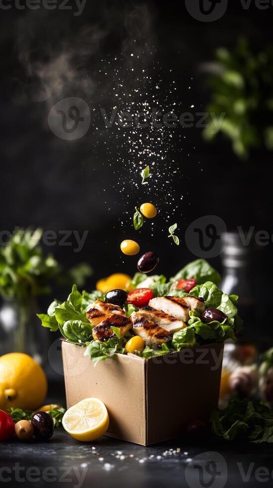 A dynamic grab-and-go salad with grilled chicken, fresh lettuce, olives, tomatoes, basil, and lemon dressing. A visually striking culinary creation with floating ingredients. . photo