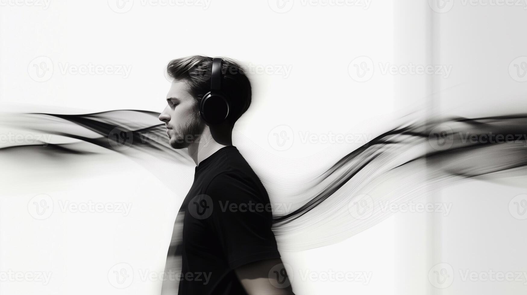 A young man with headphones immersed in music, surrounded by fluid black waves. The abstract motion conveys a sense of focus, tranquility, and deep emotions in a surreal monochrome setting. photo