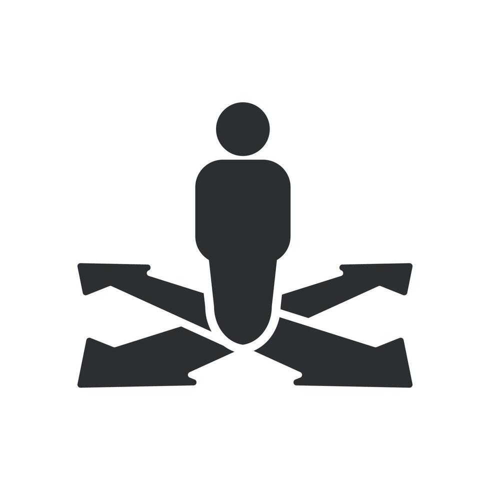 illustration of a flat design of a person between four path options with arrows. vector