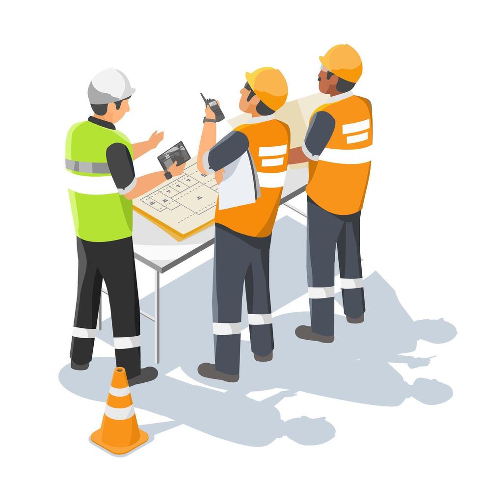 foreman and supervisor working on construction site use control radio operate crane tower work isometric isolated vector