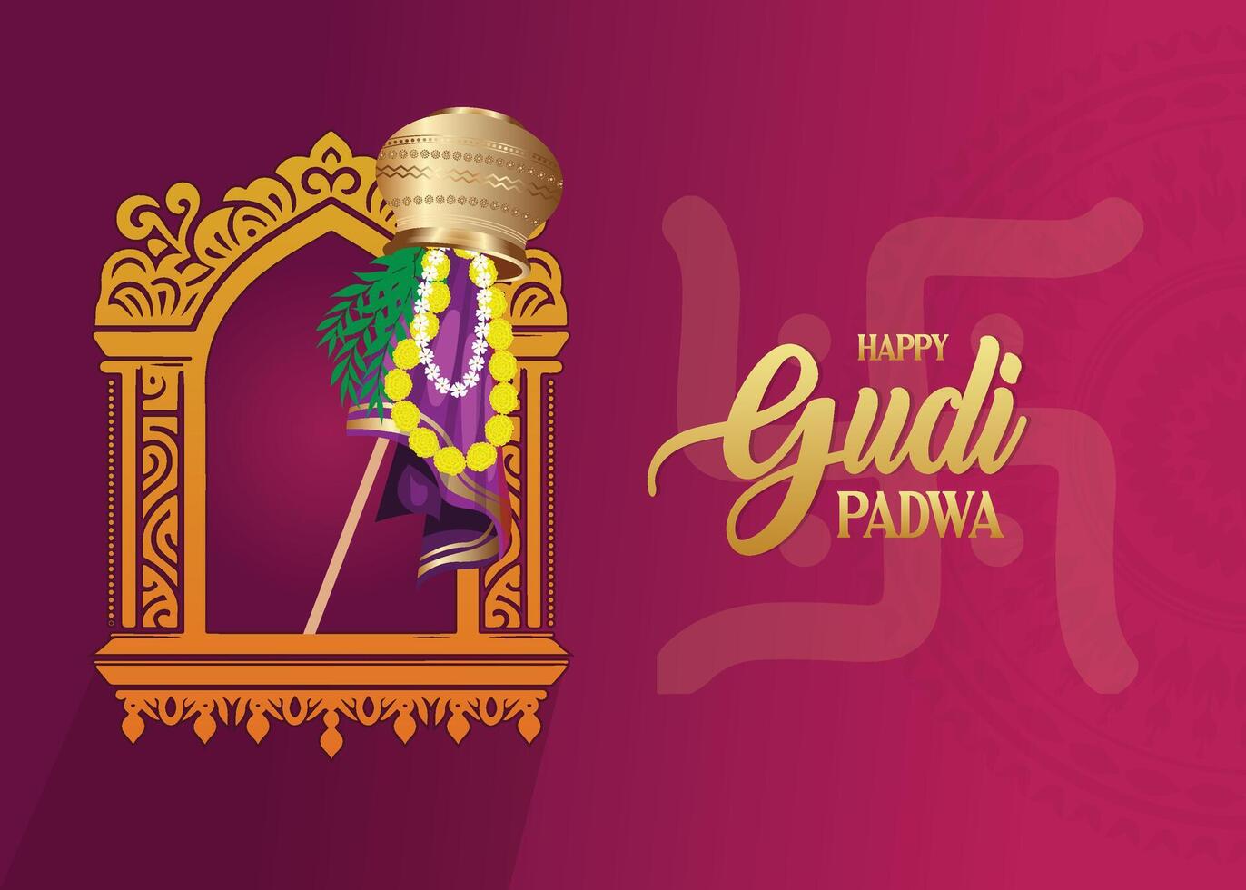 Happy Gudi Padwa. Celebrate with a vibrant abstract illustration featuring a decorated background, festive typography, a traditional kalash, and a joyful garland of India. vector