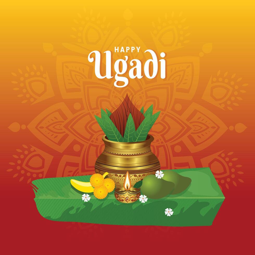 Happy Ugadi. Celebrate the New Year festival of Karnataka and Andhra Pradesh with festive typography and abstract design. Wishing joy, prosperity, and happiness to all. vector