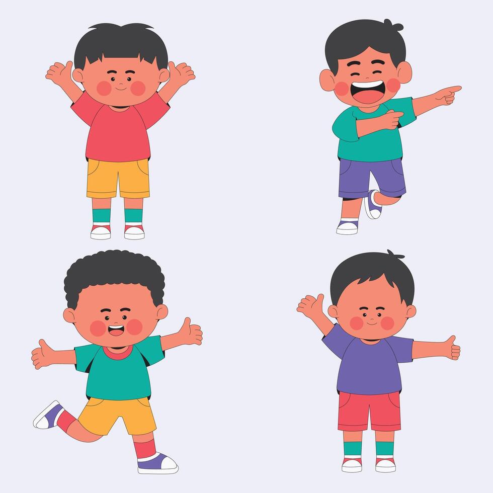 Set Cheerful Kids Cartoon Character Illustration vector