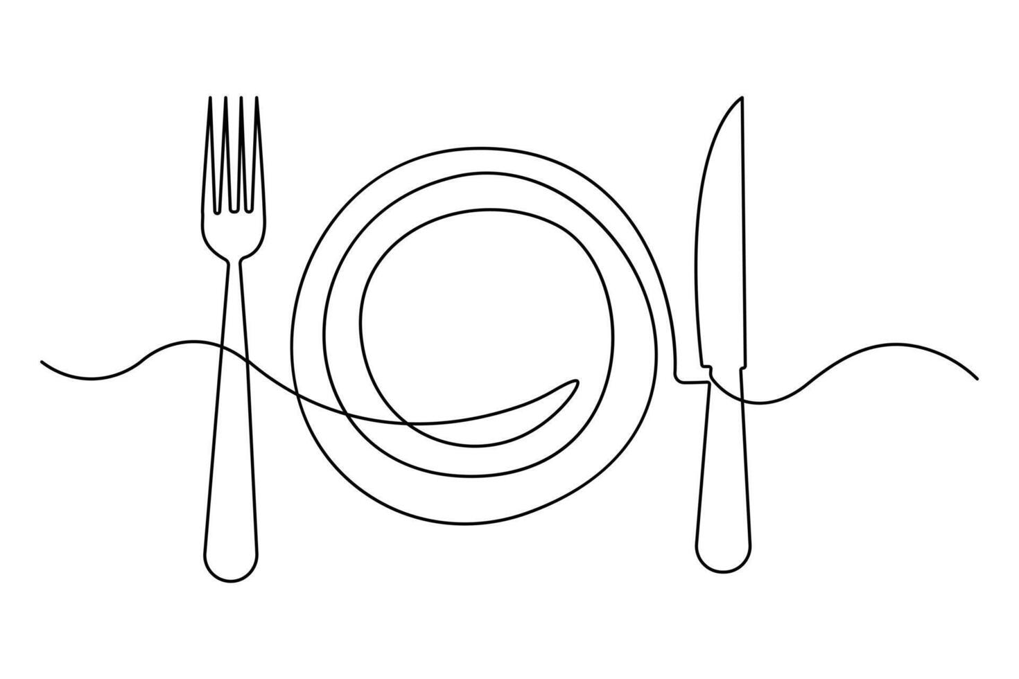Single line illustration of knife fork and plate vector