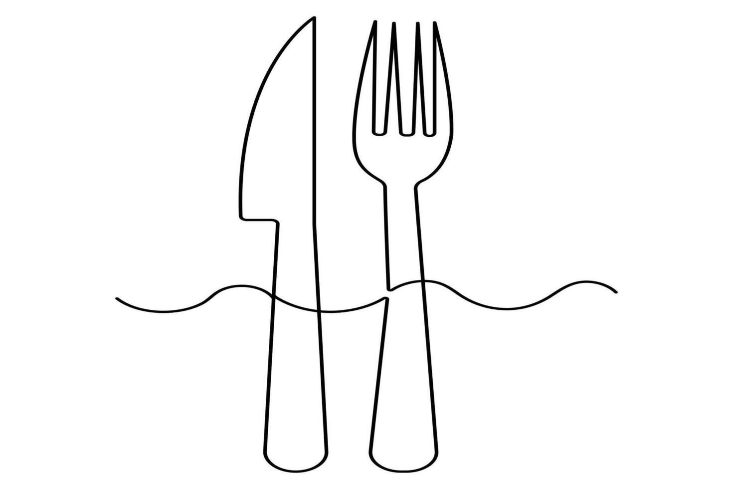One continuous one line hand drawn plate, knife and fork Simple sketch design isolated on white background. outline illustration vector