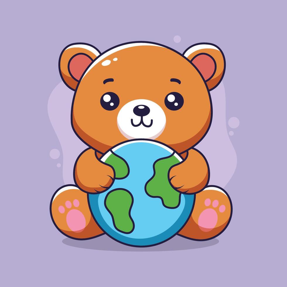 Cute cartoon teddy bear holding earth day. illustration. vector