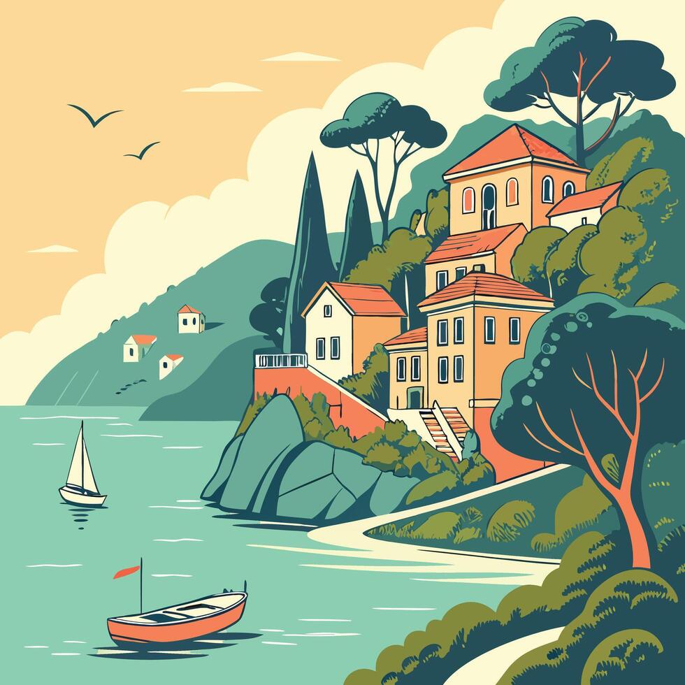 a poster of a village on the coast with boats vector