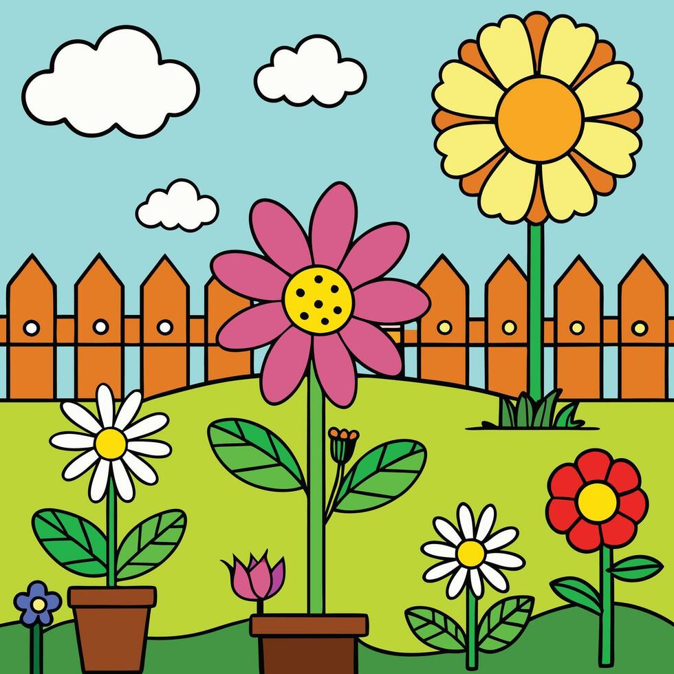 a cartoon garden with flowers and a fence. vector
